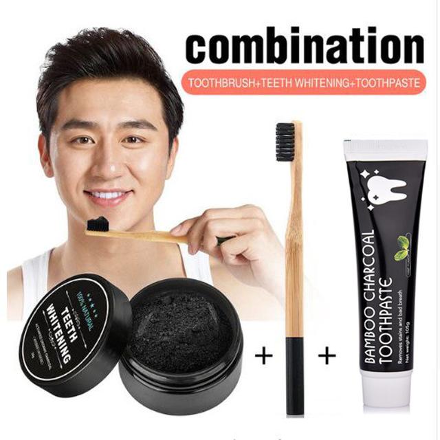 Activated Charcoal Teeth Whitening Set - Toothpaste, Tooth Powder & Toothbrush